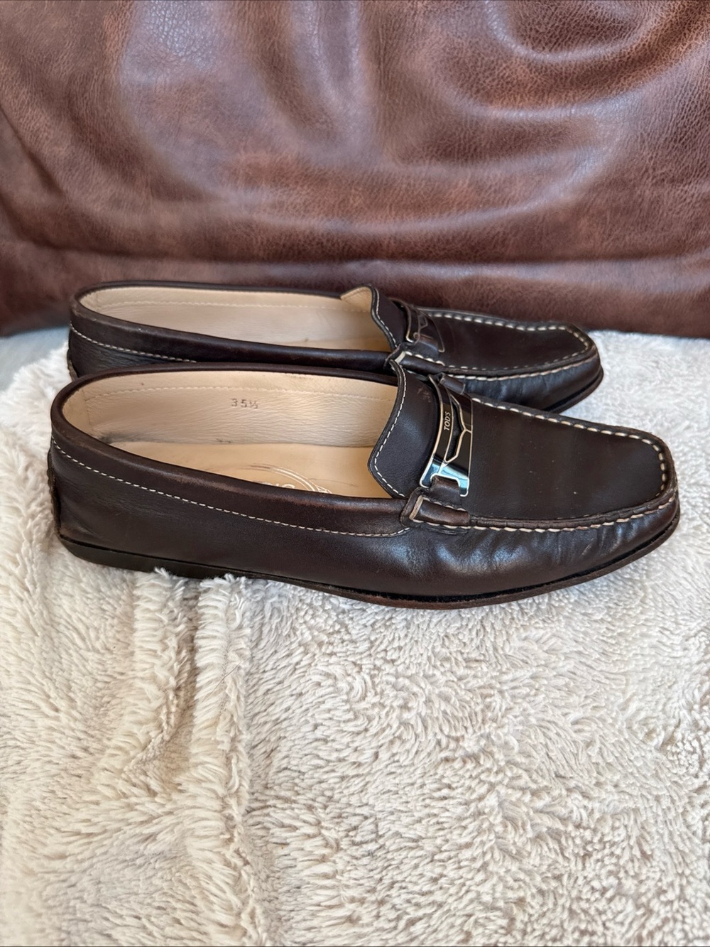 Tod’s Women’s  Dark Brown Leather Slip-On Driving Loafers